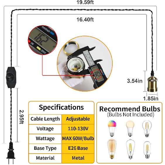 Plug in Pendant Light Cord hanging light kit with dimmer switch,Farmhouse Hanging Lights19.69 ft power cord length,Hemp Rope Plug in black Hanging