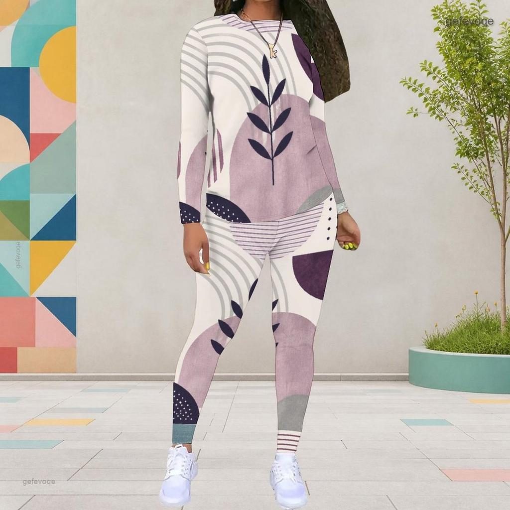 Women Plus Size Round Neck Long Sleeve Printed White Orange Two Piece Fitted Pants Set