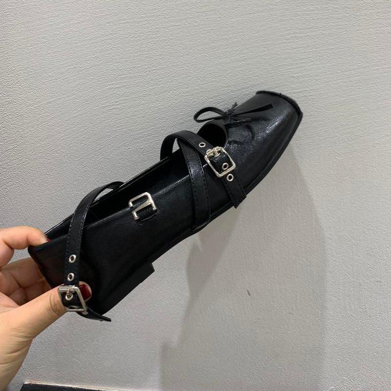 Rétro bout carré plat chaussures simples ballerines automne nouveau marron français boucle nœud Mary Jane chaussures pour femmes