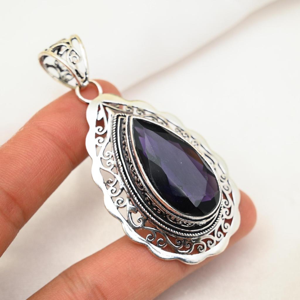 Svart spinel anheng, 925 massivt sterlingsølv anheng håndlaget edelstensmykke, gaver til kone splitter nytt anheng