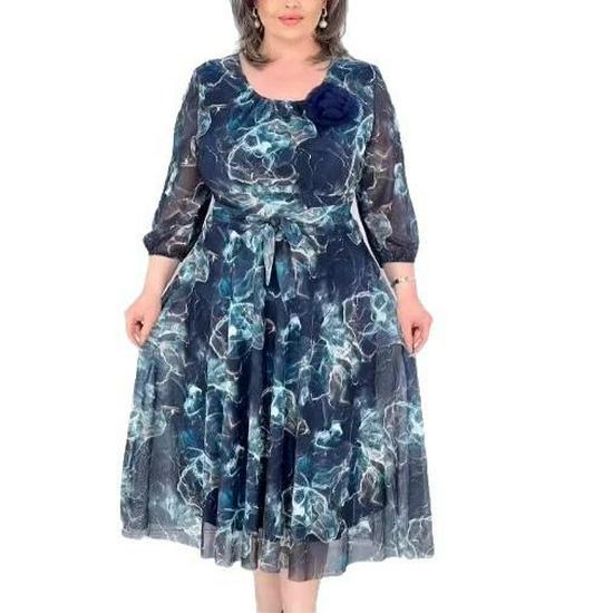 Rochie lungă elegantă cu gât rotund și imprimeu cu strat dublu pentru primăvara/vara 2025