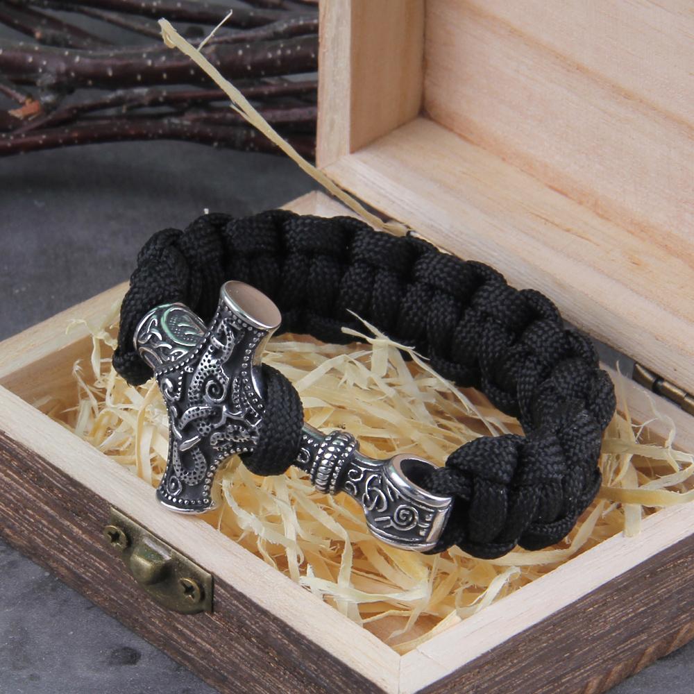 

Stainless Steel Viking Mjolnir Leather Bracelet Thor Hammer Wristband Norse Mythology Runes Jewelry Gift With Wooden Box WITH BOX&23cm срібний