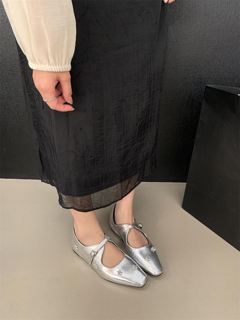 Premium sense rhinestone inner height increase small leather shoes square head buckle single shoes women's spring shallow mouth Mary Jane shoes