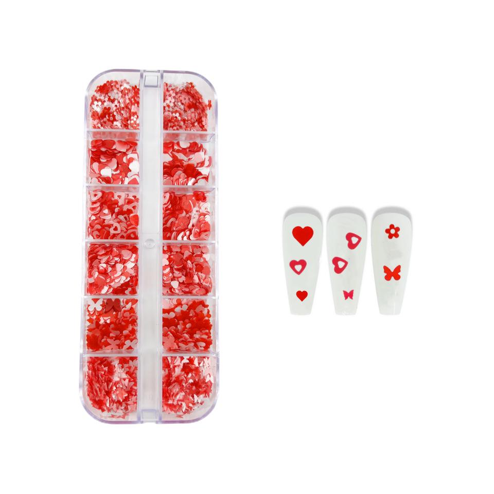 12-Grid Valentine's Day Nail Art Box: Pink Butterfly, Flower, Heart, and Mixed Sequins in Pink, White, and Red.