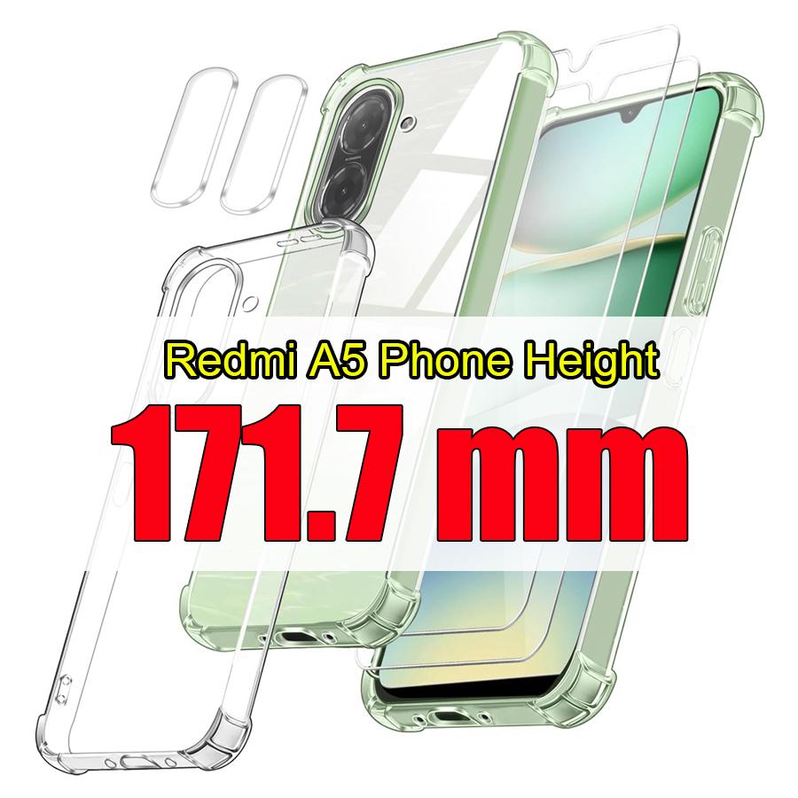 

5in1[2+2+1] Case for Redmi A5 4G 2 Pieces Tempered Glass Screen Protector + Rear Camera Protector+ 1 HD Clear TPU Transparent Case Phone Cover Redmi A5 (Height 171mm)