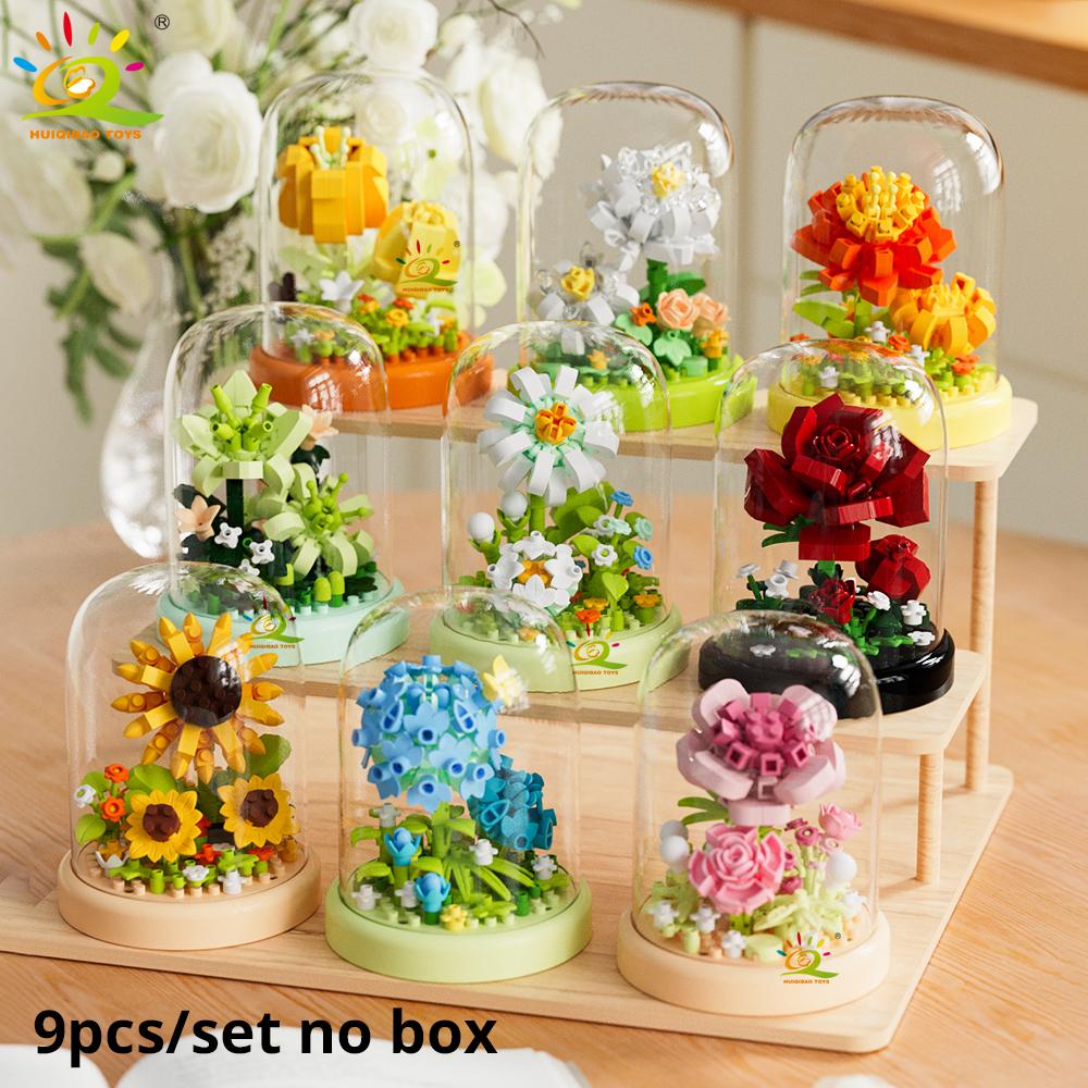 HUIQIBAO MOC Flower Display Box Micro Building Block Rose Succulent Mini 3D Diamond Model Brick Toy for Children Desk Decoration