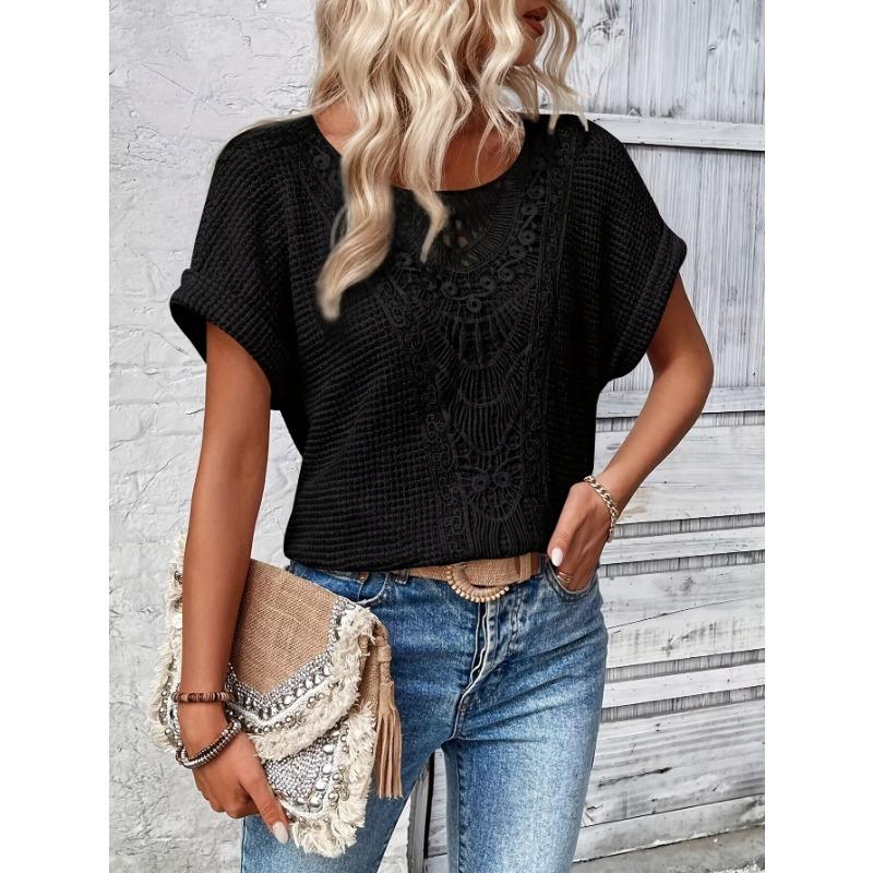 Lace Splicing Crew Neck T-shirt, Casual Short Sleeve Top For Spring & Summer, Women's Clothing