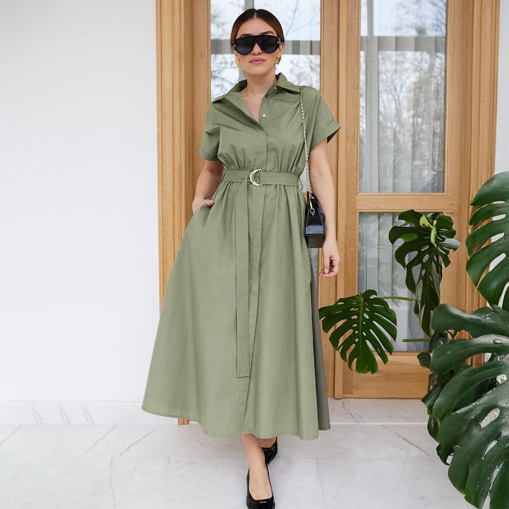 Pure cotton short-sleeved dress European and American summer new single-breasted medium and long dress shirt dress women