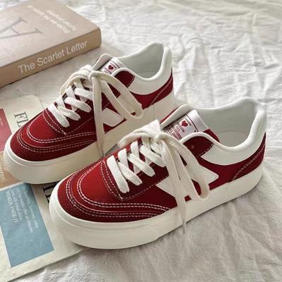 2024 Autumn New Style Red Thick Sole Canvas Shoes Leisure Fashion Women's Shoes Simple Increase Height Lace Up Women's Shoes