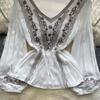 Floral Embroidery Spring Loose Blouse Elegant Bohemian Design Long Sleeve Ladies Fashion  Summer Casual Shirt