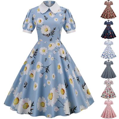 Women's Printed Short-Sleeved Doll Collar Casual Fashion Hem Dress