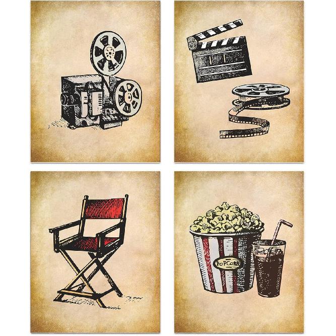 Vintage Movie Theater Wall Art, Home Theatre Feature Canvas Decor, Classic Film Reel Cinema Popcorn Posters, Retro Home Movie Theater Media Room Bar