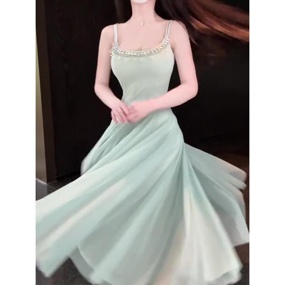 Damen Sommer Freizeit neues schönes Kleid, schwerindustrielles diamantbesetztes Taillenkleid, Trägerkleid