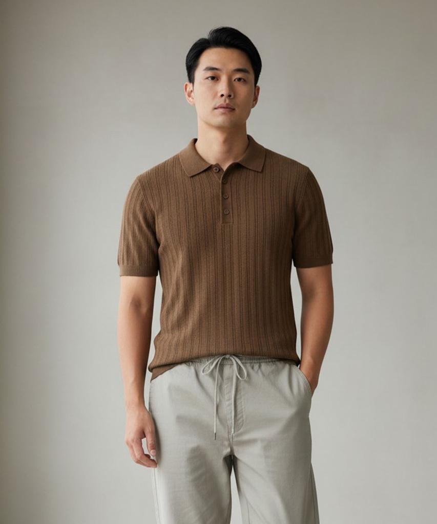 Pentaon Polo Collared Button Ribbed Short Sleeve Knit T-Shirt