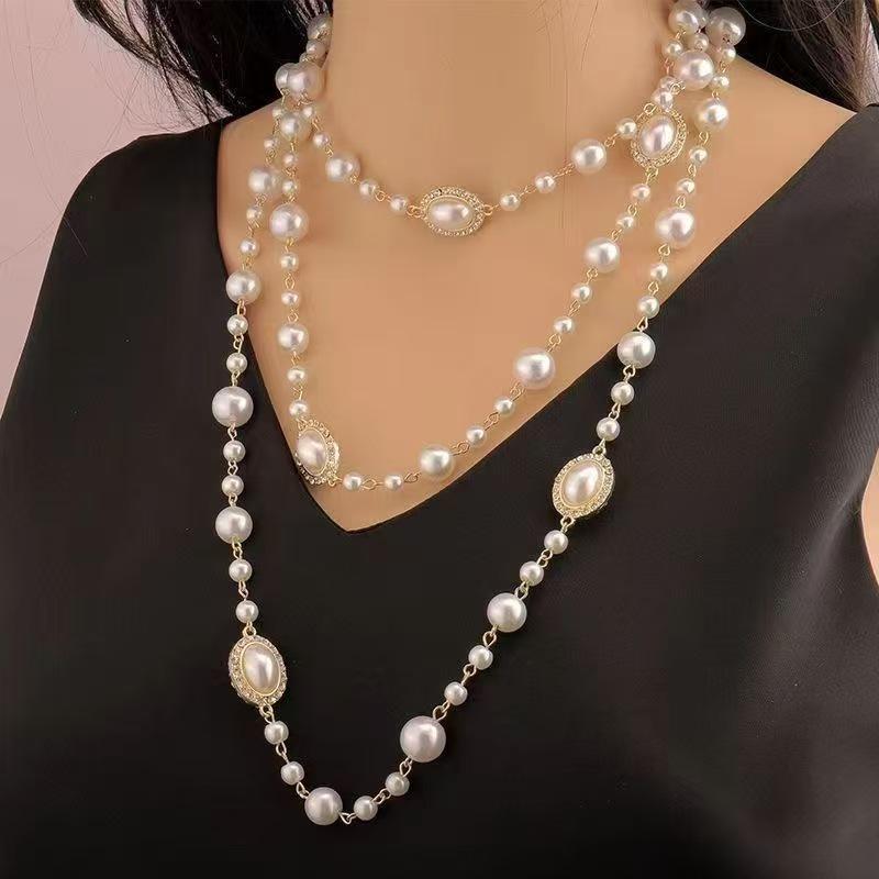 Colier cu perle multistrat pentru femei: Lanț de pulover elegant de toamnă/iarnă