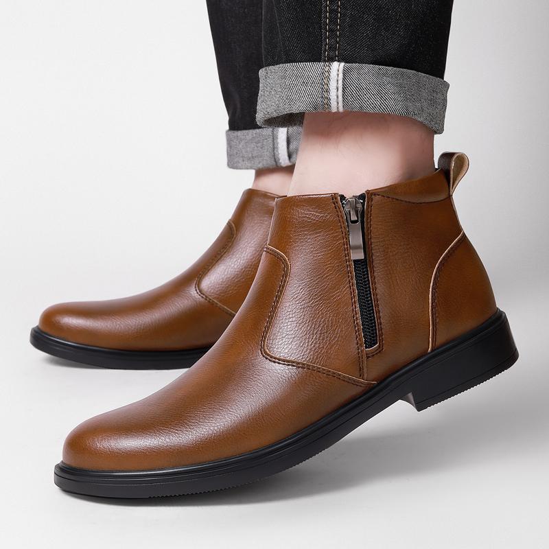 Fashion Trendy Men Leather Boots Quality Side Zipper Autumn and Winter Business Office Chelsea Boots Non Slip Sole Walking Driving Boots