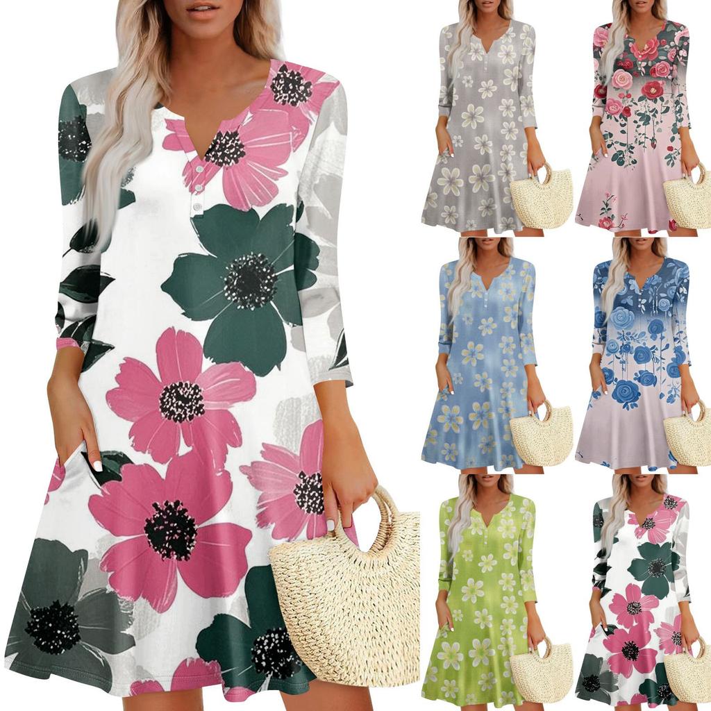 Women's Summer Dress Loose V Neck Three-quarter Sleeve Sundress With Pockets Dress