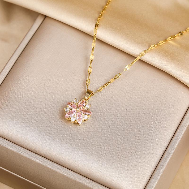 Sweet Zircon Crystal Cherry Blossom Pendant Necklace - Titanium Steel Clavicle Chain for Women
