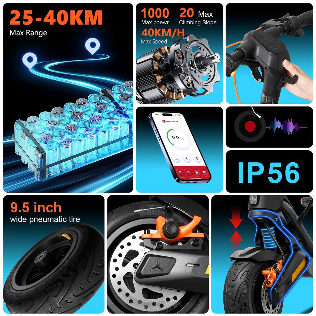 Foldable Aluminum Alloy Rated Power 1200W E-Scooter with Front Suspension Motor 10 Inch Pneumatic Tires App Control 120KG