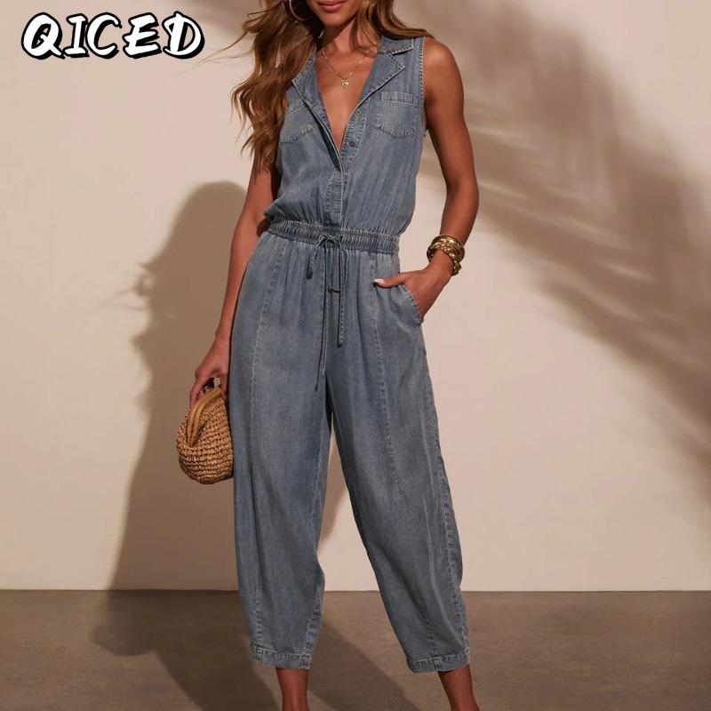 QICED Women's Fashion Casual Solid Color Print Sleeveless Jumpsuit