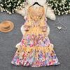 French holiday style floral print horn sleeve dress women's long sleeve lace-up waist A-shaped long dress elegant temperament