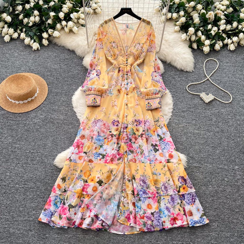 French holiday style floral print horn sleeve dress women's long sleeve lace-up waist A-shaped long dress elegant temperament