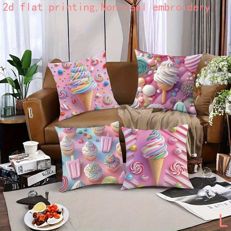 2D Flat - 4-Pack, 2D Flat Printing, Colorful Ice Cream Candy Pattern Pillowcases, Dessert Style Cushion Covers, Material, Multi-Sizes, Zipper Closure,