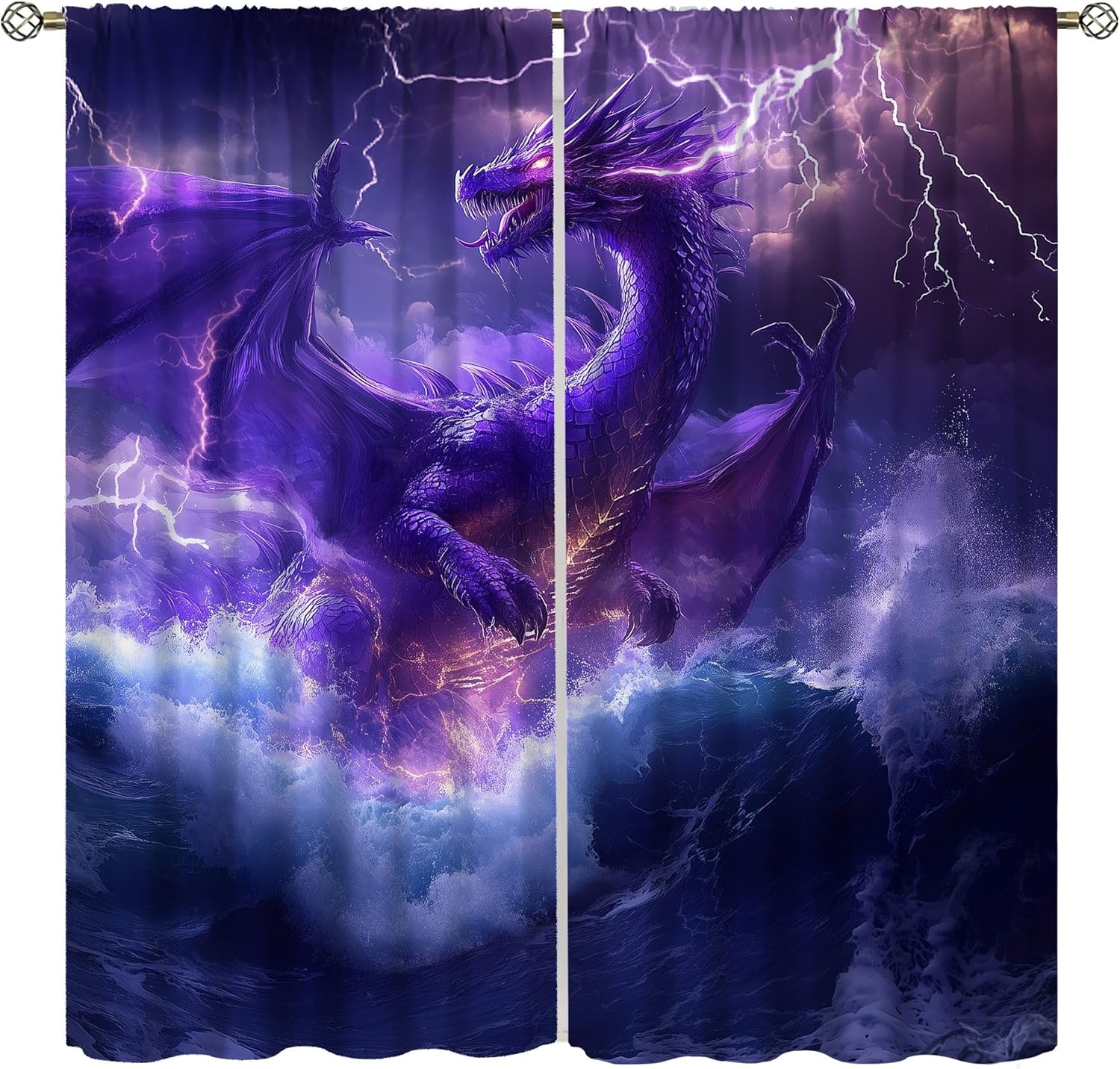 

Драконьи шторы, Магия Миф Фиолетовая Молния Океан 3D Крылья Дракон Оформление окон Кулиски Драпировки для детей Мальчиков Подростков Лив 53x116cm 2pc21x46in&Rod Pocket