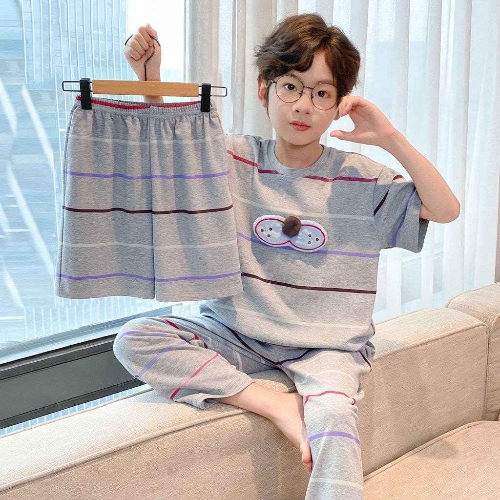 Children's Summer Pajama Set: 3-Piece Short-Sleeve Top, Long Pants, Boys' Medium & Large Air Conditioning Suit