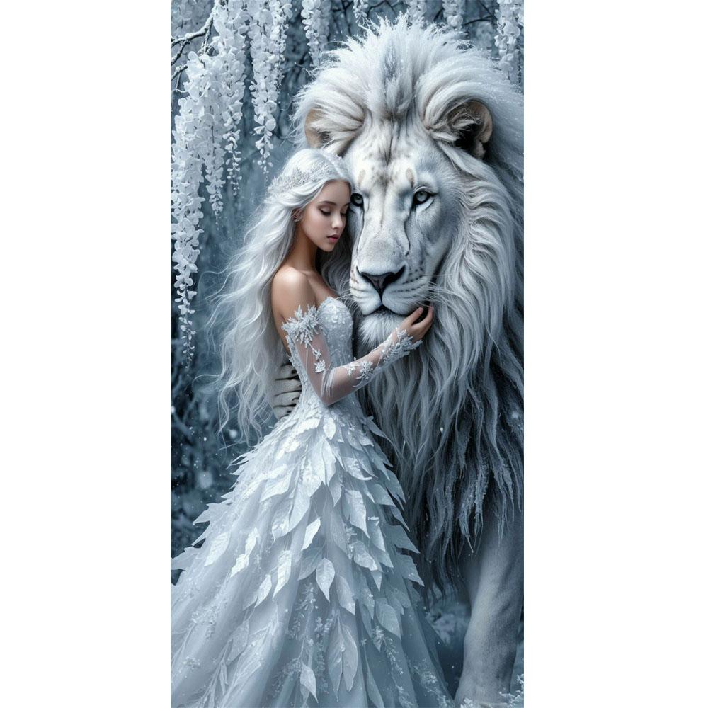 

Большой размер Мозаика Сделай сам Полные наборы для рисования бриллиантами Искусство Фэнтези Девушка Лев и Волк Вышивка Крестиком Стразы square 70x140cm дубильная кора