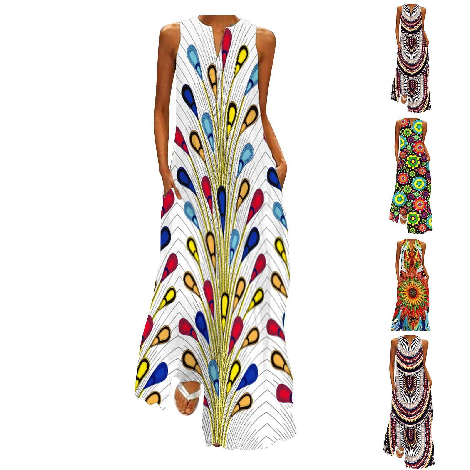 

Женское летнее платье макси, женская повседневная свободная макси-юбка без рукавов с цветочным принтом пляжное платье макси с карманами плиссированное платье Хлопковое платье Пляжное платье