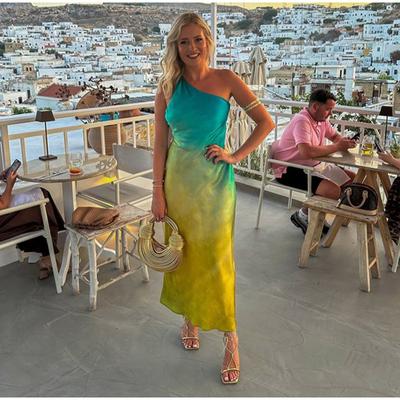 Gradient Tie Dye Long Dresses Women Elegant Satin One Shoulder Sleeveless Backless Slim Dress Summer Chic Lady Party Robe