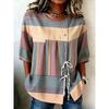 Women's Spring Summer 3D Printed Button Front Drawstring Loose Blouse, Multi Color Horizontal Stripe Contrast Commute Top