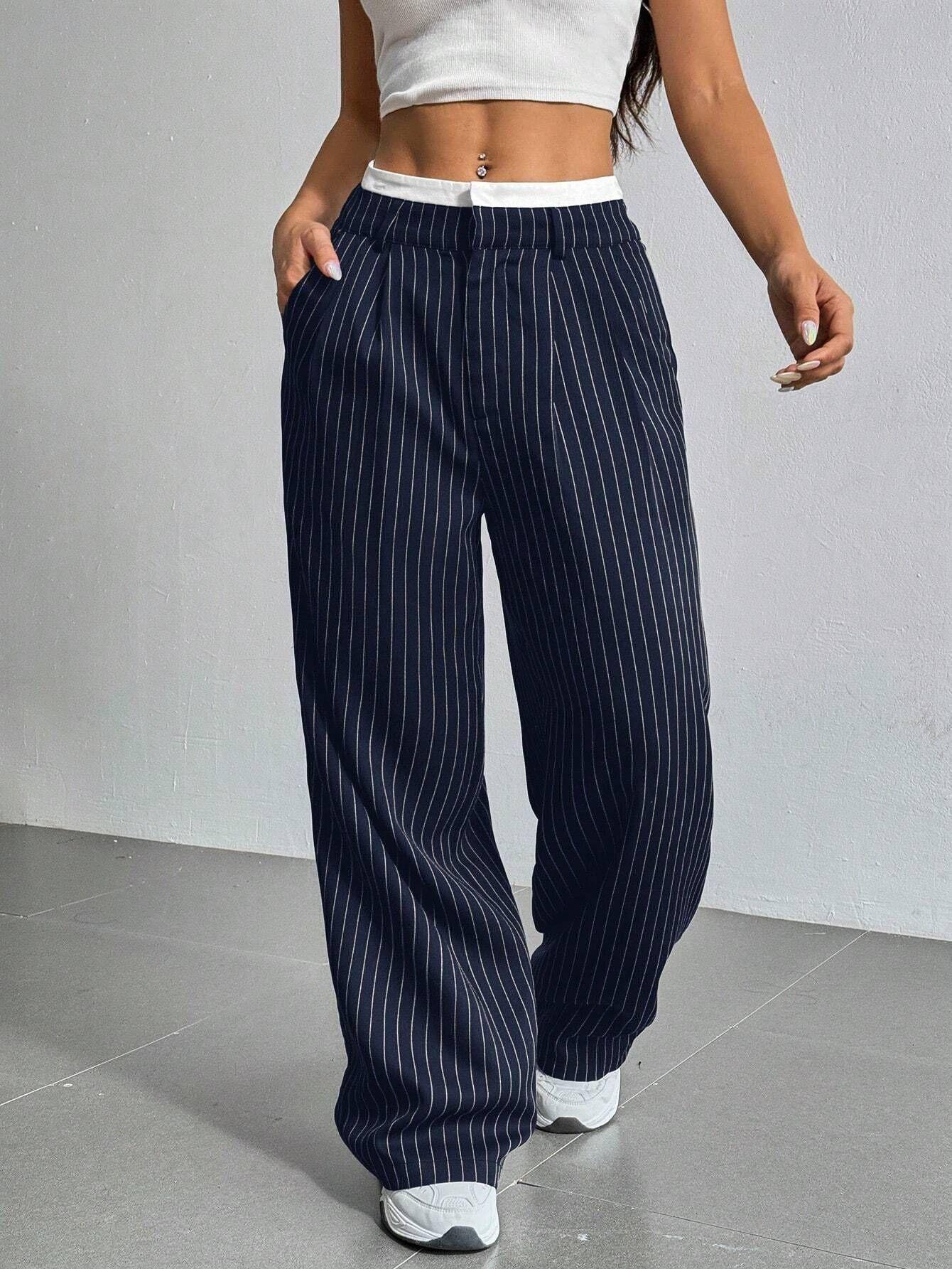 

Women s pants spring and summer new Japanese and Korean casual high-waisted splicing simple drape commuter straight women s pants S тёмно-синий