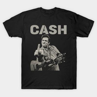 Men Black Print T-shirt Middle Finger - Johnny Cash No-Cut Transfer Paper Print Cotton Tshirt