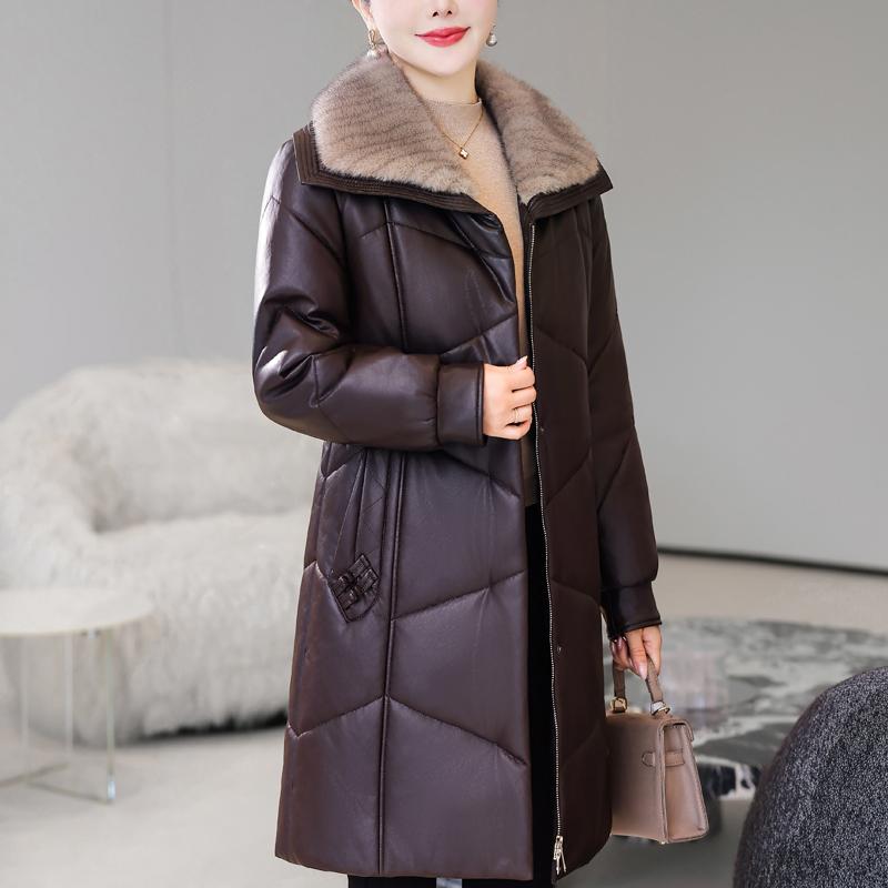 Middle Age Woman Winter Long Faux Sheepskin Coats Fur Collar Elegant Thick Warm Winter Parkas Female Leather Jacket