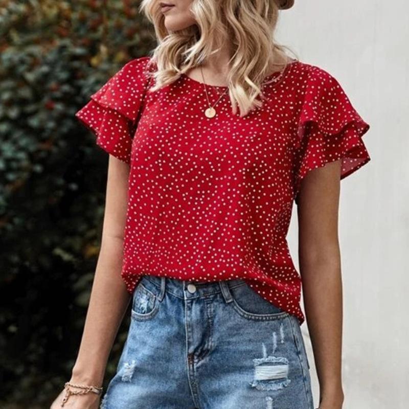 Fashion Casual T-shirt Women Vintage Thin Streetwear Digital Printing Dots Red Lotus Leaf Patchwork Tops Female Design Casual Slim Clothing