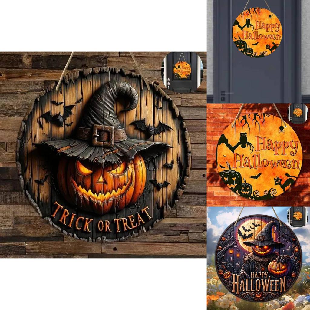 Modern Minimalist Wooden Halloween Door Sign With Creative Round Design For Home Decoration