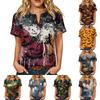 Women Casual Short Sleeve Henley Shirt Cotton Linen Blend Halloween Print Front Pocket Button Neck Blouse