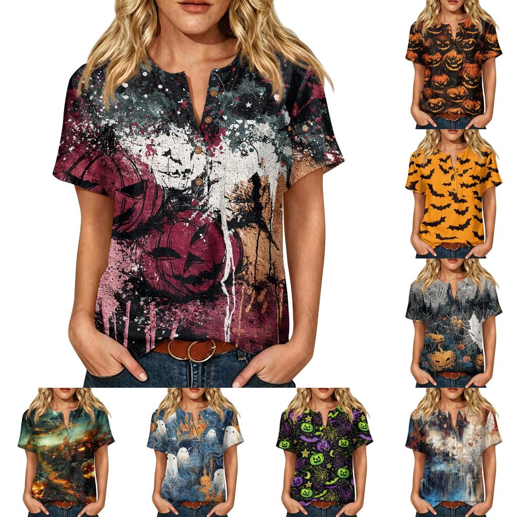 Women Casual Short Sleeve Henley Shirt Cotton Linen Blend Halloween Print Front Pocket Button Neck Blouse