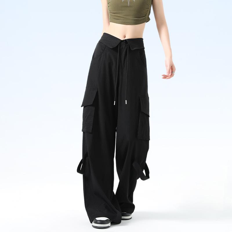 High Waist Flip Straight Work Pants for Women's Spring and Summer Thin Pants Casual and Versatile Loose Wide-leg Pants