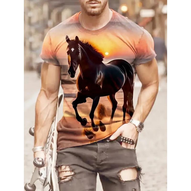 Summer Round Neck 3D Horse Print Top Fashionable Casual Vintage Short Sleeved Men's T-shirts