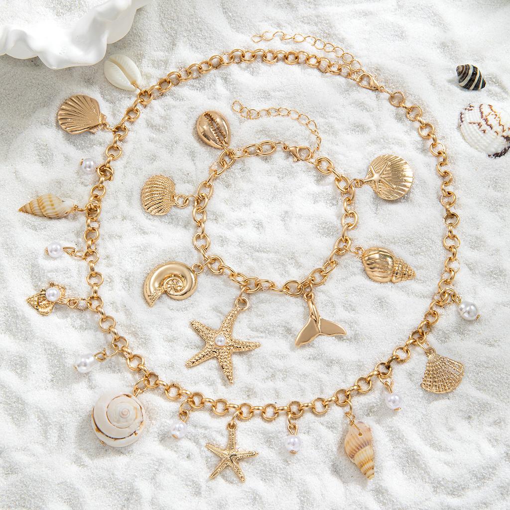 Coastal Style Shell, Conch and Starfish Necklace & Bracelet Set, Vacation Style Clavicle Chain