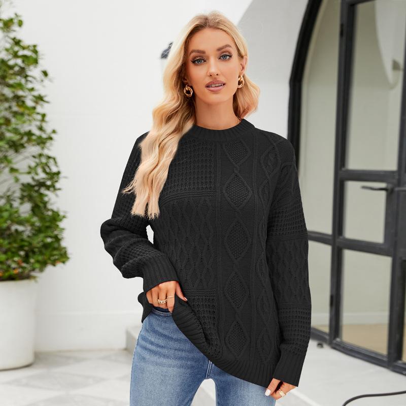 Popular twist casual solid color crew neck sweater, lazy style autumn and winter new loose pullover knitted sweater
