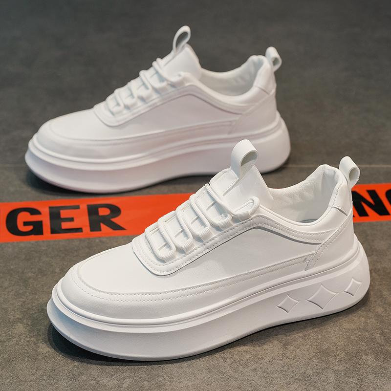 Модные мужские повседневные туфли на платформе с толстой подошвой из кожи белого цвета — фото 8