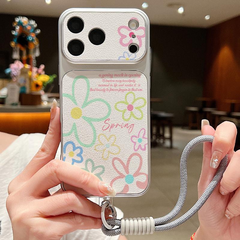 Romantic Rose Flower Pattern Leather Lanyard Case For iPhone 18 Pro Max Hybrid TPU+PU Anti-skid Soft Cover For iPhone 17 16 15 14 13 Pro Max