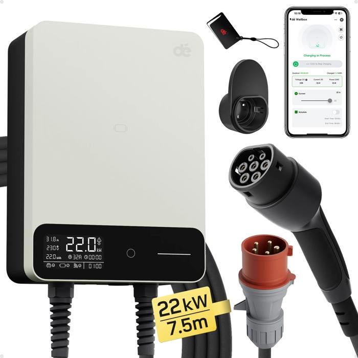 Station de Charge pour Véhicule Électrique, Puissance 22kW, Contrôle par Application Intelligente, 7.5M avec APP Blanc, TYPE2