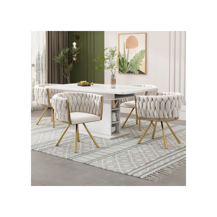 Chaise de salle à manger - MUVOE - Velours beige et or - Pivotante 360° - Design ergonomique - Lot de 4