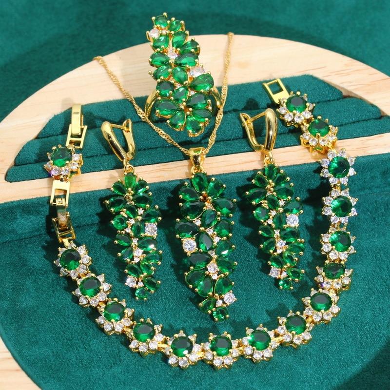 

Изысканный зеленый циркон, золотой цвет, ювелирные наборы для женщин, банкетный браслет, серьги, ожерелье, кулон, кольцо, подарок на праздник