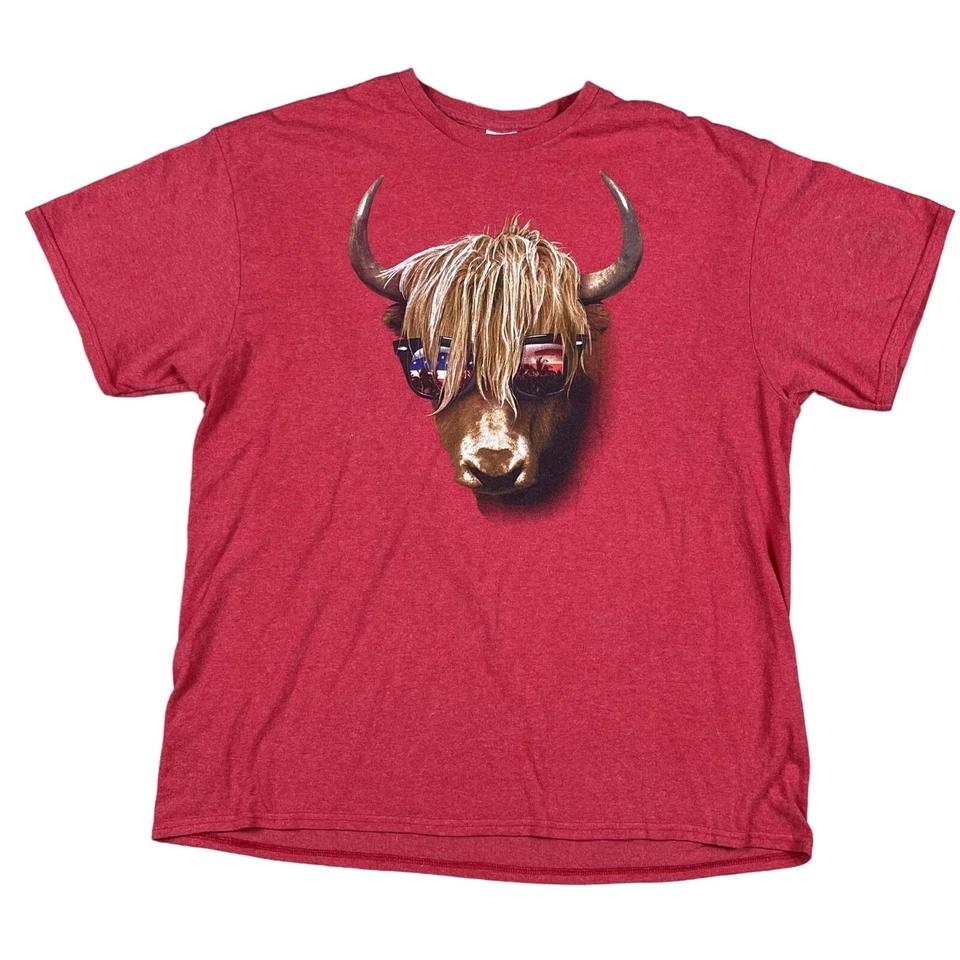 Highland Cow with Sunglasses Red T-Shirt Size XL S